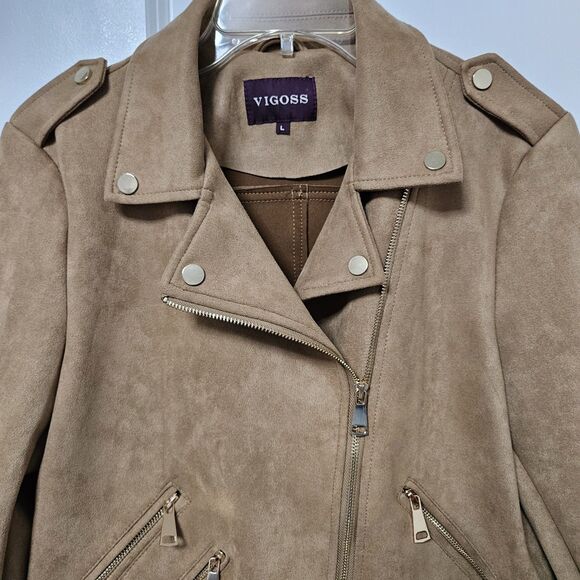 Vigoss Faux Suede Biker Jacket Women's Large Brown Pockets Gold Zipper Belted - Picture 6 of 9